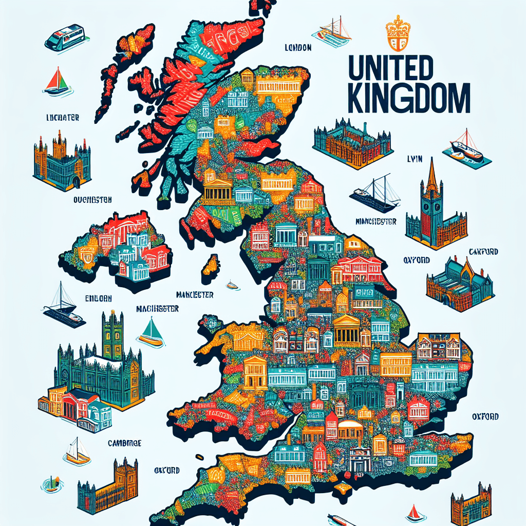 Map of United Kingdom highlighting major university cities like London, Edinburgh, Manchester, Oxford, and Cambridge