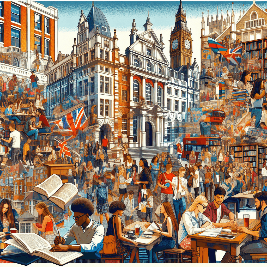 Collage of vibrant student activities and city life in UK