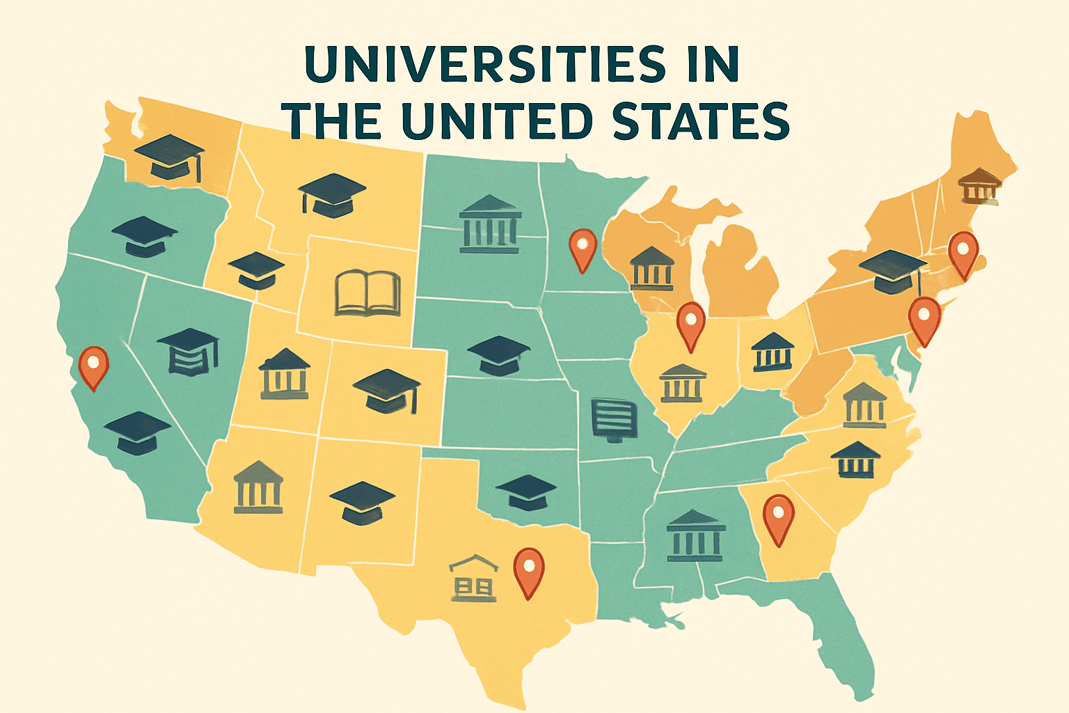 Map of major university locations in the USA
