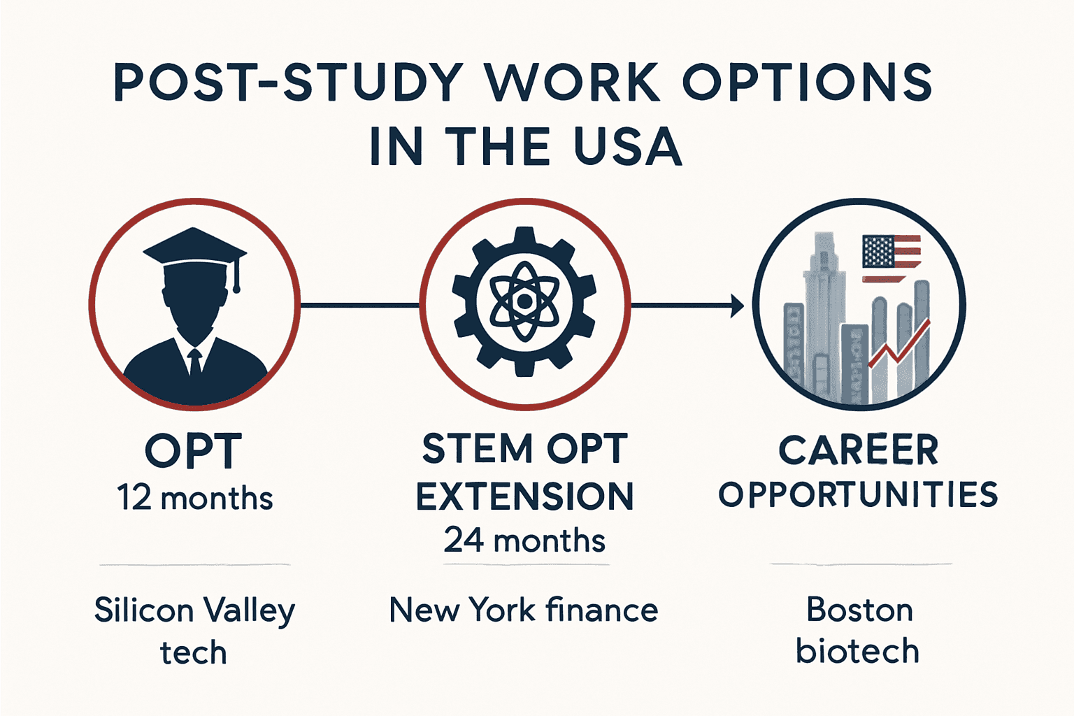 Infographic: Post-Study Work in USA - OPT (12 months) and STEM OPT Extension (24 months) leading to career opportunities