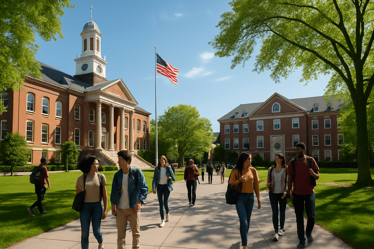 American university campus with students and buildings